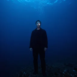 master cheif, under water, deep sea, dark, cinematic, small glow, wide angle,
