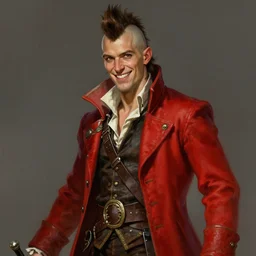 medium-length portrait of a male  elven dashing swashbuckler with a mohawk! and brown eyes, mohawk, fair skin, cocky expression, laughing, wears a ostentatious bright red longcoat, pirate setting, highly detailed, digital painting, artstation, concept art, sharp focus, illustration, art by greg rutkowski and alphonse mucha