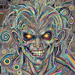 portrait of an intimidating glowing scary giant, face and skin is multicolored, glowing eyes, hero, villain, concept art, friendly smile