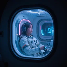space ship, lights out, looking through window, cryogenic, cryogenic hibernation capsule, neon lights,