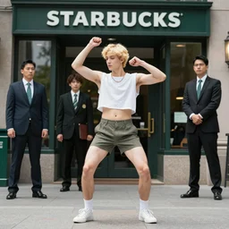 A blond androgynous guy in a crop top and shorts dancing with businessmen and lawyers outside starbucks