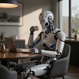 Transhuman sitting in a dining room, sipping coffee, cybernetics active