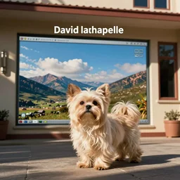 a cream - colored havanese with long hair standing in front of a building, an album cover by david lachapelle, trending on tumblr, afrofuturism, windows vista, associated press photo, freakshow