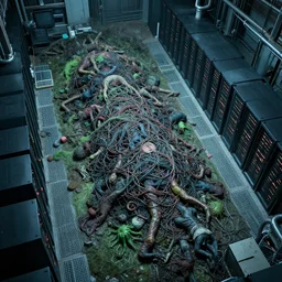 an aerial view of a mass grave in slime with tangled bodies, datacenter computers and pipes