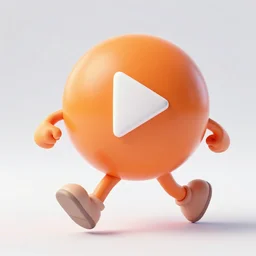 an orange play button running away, cartoon character, high-resolution