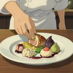 a shot of a beautiful delicious plate of food, a hand crafted chef artisan meal made of ponyta, amazing food illustration, chef table, in style of studio ghibli, miyazaki, anime