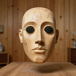 realistic photo portrait of the a sculpture of a science of wood, eyes made of caviar poorly designed in style of arte povera, fluxus, dadaism, joseph beuys, ugly made, low quality, nonprofessional, trash levitating in the wooden room 1 9 9 0, life magazine reportage photo