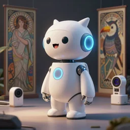product photo of a futuristic happy surprised robot pet, minimalistic kindchenschema, by artgerm and greg rutkowski and marc newson and zaha hadid, alphonse mucha, zaha hadid, samsung apple webcam, sleek matte glossy materials, neon, owl toucan robin inspired. side view, volumetric light, detailed, octane render, midsommar