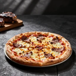 most delicious pizza on the table, beaf stake, worm dynamic lighting, product photo.