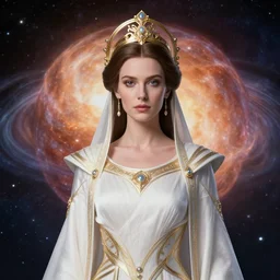 portrait of the powerful empress of the solar system in the style of anna dittmann and in the style of ralph mcquarrie. glowing, ornate and intricate linework, stunning, dynamic lighting, ultrafine and hyperdetailed.
