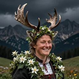 old _ alpine _ female _ famers _ head _ being _ overgrown _ by _ edelweiss _ smiling _ deer horns growing out of head _ dolomites _ in _ background _ dark _ eerie _ despair _ portrait _ photography _ artstation _ dig