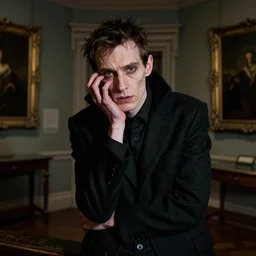 night portrait of a neurotic forty two year old british thin man ( ( vampire ) ) feeling confidant in a grungy museum f / 1. 4 hdr