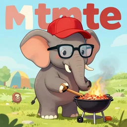 a photograph of a young elephant with wayfarer glasses and red baseball cap having a barbecue, by floro dery, shoji kawamori, and greg rutkowski, artstation, concept art, high quality illustration, mtmte, cover art