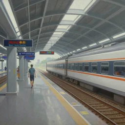 Inside a futuristic Filipino train station, painting by Fernando Amorsolo