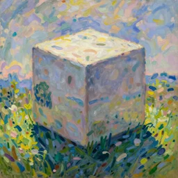 beautiful painting of companion - cube!!!!! in a beautiful landscape, monet, rhads, renoir, degas