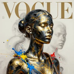 3 d, marble head of fashion model with liquid black and gold 2 metal, vogue cover style, paint splatters, blue and yellow and red paint splashes, paint drops whirling in the air, 3 d poster art, high detail, 3 d intricate oil painting, multiple exposure, stanley kubrick mood, hyperrealism, 3 d, by tooth wu and wlop and beeple and