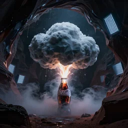 tiny thunder cloud inside a low - poly coca cola ice cavern, dark fluid simulation, dark scene illuminated by led screens, dark matter, backdrop by johfra bosschart, spy kids aesthetic, uncanny, antelope canyon, high contrast, octane render, ray - tracing, specular highlights, volumetric fog, trending on artstation, 6 k, wallpaper