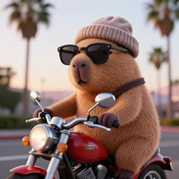 a closeup photorealistic photograph of a knitted cute Capybara wearing stylish sunglasses and dressed in a beanie cap and riding on a motorcycle in Hollywood at dusk. Palm trees in the background. This 4K HD image is Trending on Artstation, featured on Behance, well-rendered, extra crisp, features intricate detail and the style of Unreal Engine.