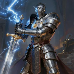 a detailed and vibrant portrait painting inspired by warcraft of a powerful paladin wearing a full metal plate armor and holding a sword shooting lightning