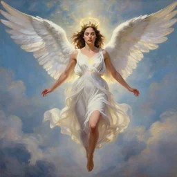 Portrait of the beautiful woman Gal Gadot as an angel, she is coming down from the clouds, she has a crown, there is a glow coming from her, she is getting ulluminated from the sky, the photo was taking by Annie Leibovitz, matte painting, oil painting, naturalism, 4k, 8k