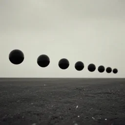 multiple spheres floating above the horizon, spread out horizontally from left to right, zdzislaw beksinski