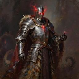 a very elegant oil painting of a fantasy knight and a magical wizard robe made of dragon hide combination, using magic, magic leaking out of them, smooth painting, medieval armor, custom armor design, pointy, the red glows coming through the knight helmet, paint smears, digital art, character design, d & d character, heavy shading, by vasnetsov