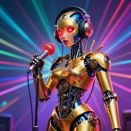 portrait photo of a giant huge golden and blue metal humanoid female steampunk robot singer with headphones and gears and tubes, in the foreground is a big red glowing microphone on a tripod, eyes are glowing red lightbulbs, shiny crisp finish, 3 d render, 8 k, insaneley detailed, fluorescent colors, background is multicolored lasershow