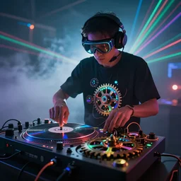 a person wearing goggles and visor and headphones using a complex record player contraption, wires and tubes, turntablism dj scratching, intricate planetary gears, cinematic, imax, sharp focus, leds, bokeh, iridescent, black light, fog machine, hazy, lasers, color splash, cyberpunk