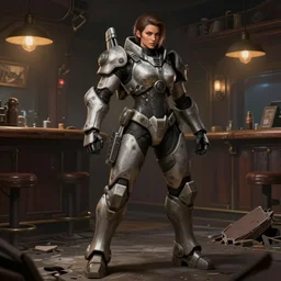 hyper detailed ultra sharp full body matte character portrait of a woman wearing bulky cyberpunk armor standing in a destroyed dive bar doing an action pose, realistically proportioned face, cinematic lighting, good value control, smooth, realistic shading, realistic face details, smooth, highly detailed, digital painting, painted texture maps, illustration, substance painter