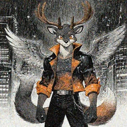 award winning beautiful portrait commission of a male furry anthro Black Reindeer fursona with a tail, wings and a cute beautiful attractive detailed furry face wearing stylish black and orange galaxy clothes in a outerspace city at night while it rains. Character design by charlie bowater, ross tran, artgerm, and makoto shinkai, detailed, inked, western comic book art