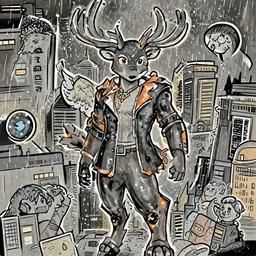 award winning beautiful portrait commission of a male furry anthro Black Reindeer fursona with a tail, wings and a cute beautiful attractive detailed furry face wearing stylish black and orange galaxy clothes in a outerspace city at night while it rains. Character design by charlie bowater, ross tran, artgerm, and makoto shinkai, detailed, inked, western comic book art