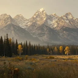 a retrowave style artwork of grand teton national park, a land of the dead, divine, hazy, volumetric lighting, spacetime bending, very detailed, serene, gold accents, washed out colors, beautiful artwork, master level composition, raytracing
