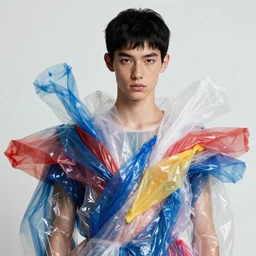 half body portrait of julian, in an outfit made from plastic bags, black hair, freckles, pale skin, photo by greg rutkowski, high fashion, androgyn teen model, intricate detail, elegance, sharp shapes, soft lighting, vibrant colors, masterpiece