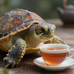 a photo of 8k a cute turtle drinking a cup of tea, cinematic lighting, trending on artstation, 4k, hyperrealistic, focused, extreme details, unreal engine 5, cinematic, masterpiece