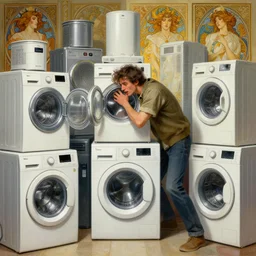 a beautiful illustration of a man overwhelmed by a room filled with major appliances, personified washing machines, sharp focus, illustration, highly detailed, digital painting, concept art, matte, art by wlop and artgerm and greg rutkowski and alphonse mucha, masterpiece