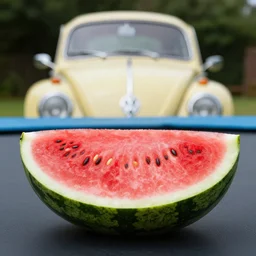 a volkswagen beetle watermelon on a trampoline, close - up of face, distorted