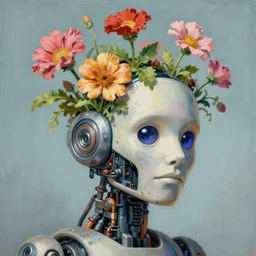 a vaporwave painting by Thomas Cole of a robot head with flowers growing out, highly detailed