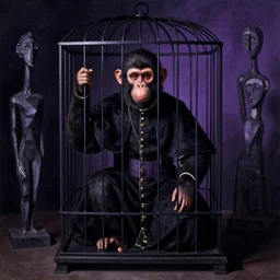 Misterious portrait of Pope Innocent X as monkey in a cage in penumbra by Velasquez painting by Pablo Picasso and Chaïm Soutine and Alberto Giacometti and Francisco Goya, black and purple, vhs glitch