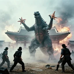 a filmstill of a north korean monster movie, kaiju - eiga monster with starfish - arms trampling a traditional korean palace, foggy, film noir, epic battle, etheral, explosions, communist propaganda, communist epic thriller, by kim jong - il and akira kurosawa and tim burton, video compression
