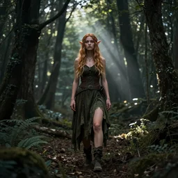 Claire Boucher, an elf, standing in a forest, fantasy RPG, dark woods in the background, Godrays peaking through the trees