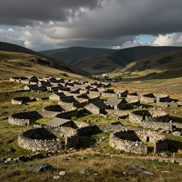 realistic photo of a town, settlement, buildings, detailed scenery, stone age time period