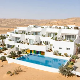 habitat 6 7, white terraced architecture hotel in the dessert, many plants and infinite pool, colorful glass wall
