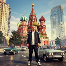 cinematic photo gta 5, moscow, man in adidas tracksuit, churches, buildings, road, moskvich, rtx, volumetric light, 3 d art by crewdson gregory and artgerm and reflections, moscow, soviet apartment buildings, guns, 1 9 6 0, award winning, artstation, intricate details, realistic, hyperdetailed, 8 k resolution
