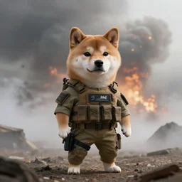 postapocalyptic foggy nuclear explosion cinematic background still portrait of anthropomorphic anthro shiba inu wearing military tactical soldier gear , 4k trending on artstation