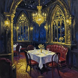 fancy restaurant on a starry night. gouache and gold paint, gothic horror, limited but vibrant palette, backlighting, depth of field.