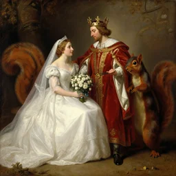 king arthur wearing a crown from arthurian legend getting married to a giant squirrel, classic oil painting