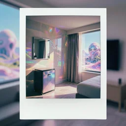a pastel coloured polaroid photo of a hotel room, hotel mini fridge, mirror, tv, surface, window, view in a dream state alien world. iridescent perspex.