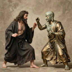 jesus fighting bald buddha, by caspar david friedrich