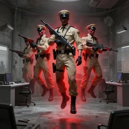 ( floating in red spectral aura ) zombie police security guard officers ( beige uniform and caps ) wield ( uzis ) in ( brutalist concrete gray office ) trending on artstation high detail concept art digital painting 4 k 8 k hd