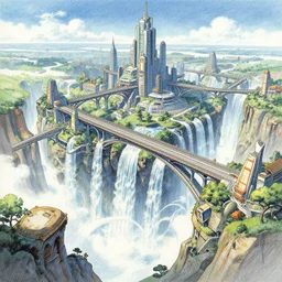 A beautiful illustration of a futuristic city of bridges built on a world of waterfalls by Robert McCall and Ralph McQuarrie | Graphic Novel, Visual Novel, Colored Pencil, Comic Book:.6 | unreal engine:.3 | | viewed from below | establishing shot:.7